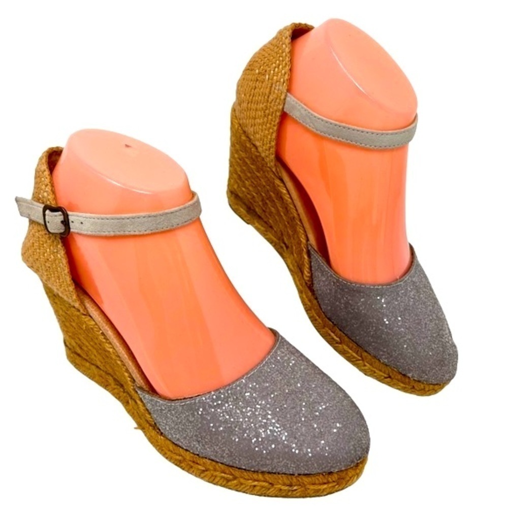 GAIMO Rope Wedge Espadrilles Silver Glitter Leather Ankle Strap Size 6.5 Spain